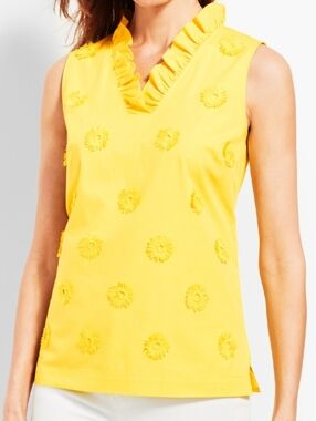 Talbots Yellow Sleeveless Ruffle-V Neck Floral Appliqué Top M